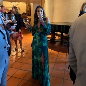 Runaway The Label Calista Dress. Cut out green floral print maxi dress.